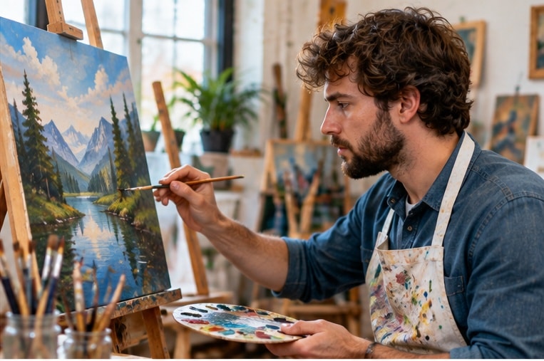 Artist painting a mountain landscape in a studio — Art & Drawing