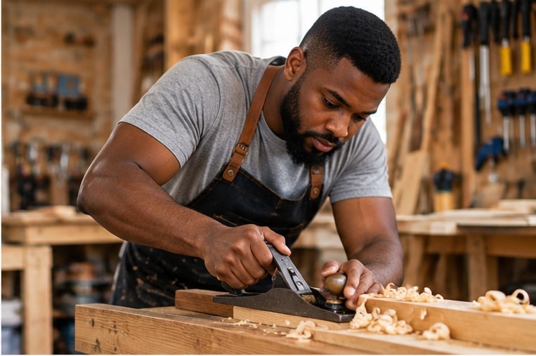 Skilled woodworker crafting furniture in a workshop